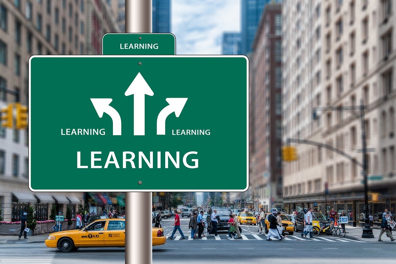 Traffic sign with arrows pointing in three directions with words "Learning" 